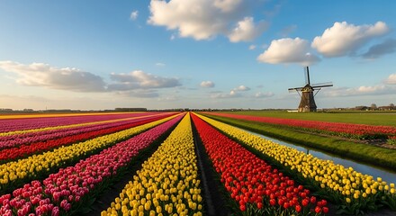 Vast Tulip Fields with a Dutch Windmill Under a Cloudy Sky.