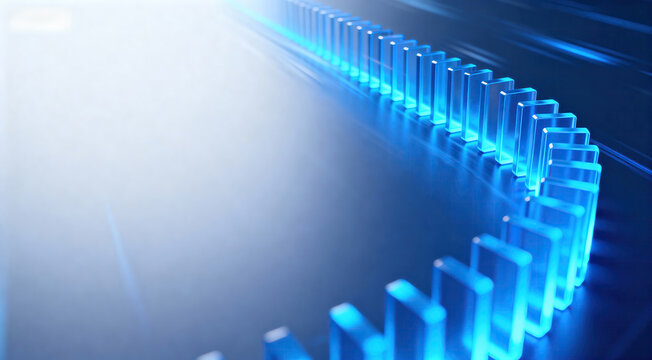 Abstract blue domino effect representing technological progression and interconnected systems in a futuristic digital context.