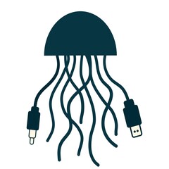 Creative illustration of a jellyfish with cables instead of tentacles. Minimal vector flat design, mix of nature and technology.
