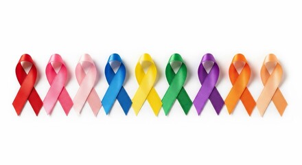 A vibrant collection of awareness ribbons in various colors, symbolizing support and solidarity for different causes and health campaigns.