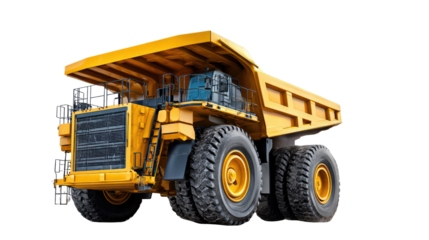 Giant Yellow Dump Truck: A robust, bright yellow dump truck, showcasing its formidable size and heavy-duty design, stands ready for action in a display of industrial might.
