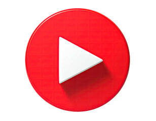 A vibrant, rounded red button with a white, three-dimensional play icon