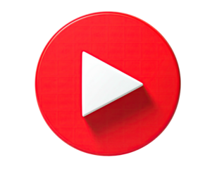 A vibrant, rounded red button with a white, three-dimensional play icon
