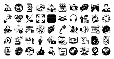 Vector art of a collection of black and white icons representing various aspects of communication, technology, and business, isolated on a