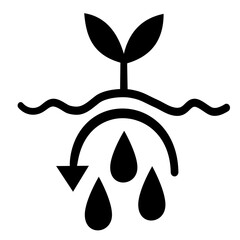 Eco-friendly water conservation icon. Plant sprout above water drops, minimal black and white flat vector illustration.