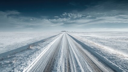 A snow-covered road vanishes into a vast, wintery plain under a dramatic, moody sky