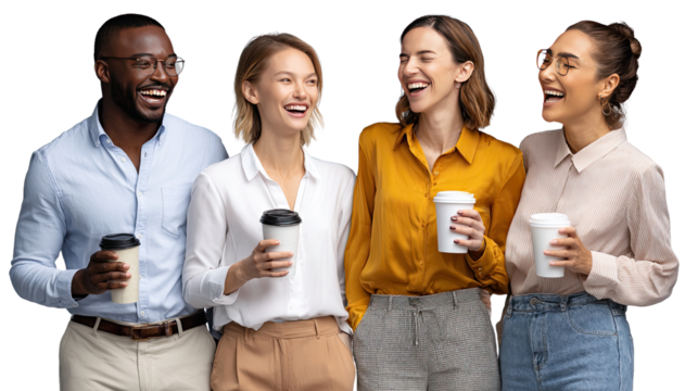 Joyful Gathering: A group of diverse colleagues shares moments of laughter, holding coffee cups, highlighting the camaraderie and positive dynamics within a modern workspace.