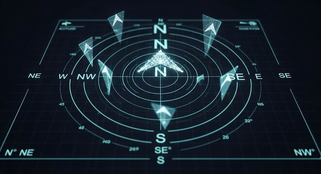Futuristic compass with directional indicators on a dark background.