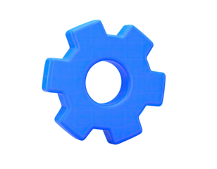 A bright blue gear, rendered in 3D, set against a stark black background