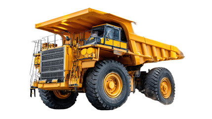 Heavy Haulage Giant: A monumental yellow dump truck, designed for heavy-duty operations in the mining or construction, isolated and powerful. showcasing its raw mechanical prowess.