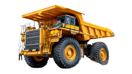 Heavy Haulage Giant: A monumental yellow dump truck, designed for heavy-duty operations in the mining or construction, isolated and powerful. showcasing its raw mechanical prowess.
