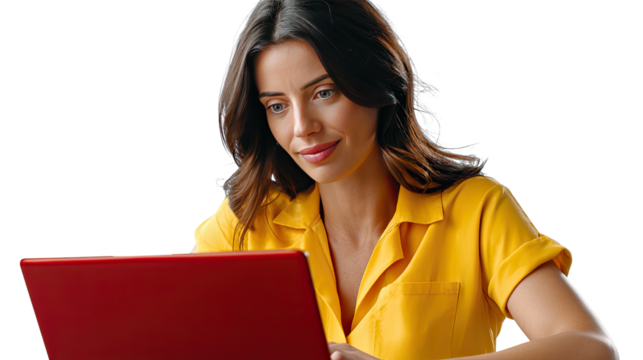 Focused Woman at Work: A woman engrossed in her work, her gaze fixed on a red laptop. She radiates concentration and productivity, demonstrating modern work dynamics.