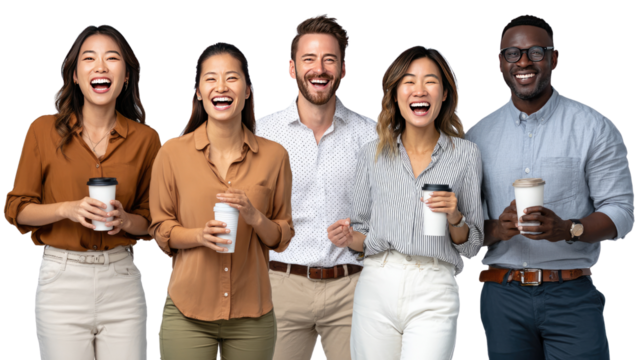 Happy Team Coffee Break: A diverse group of colleagues enjoy a shared coffee break, their faces alight with smiles and laughter, embodying camaraderie and shared moments. 