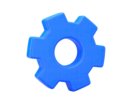 A bright blue gear, rendered in 3D, set against a stark black background - Powered by Adobe