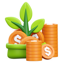 Investment Growth Concept with Coins and Green Plant in Pot on Transparent Background Symbolizing...