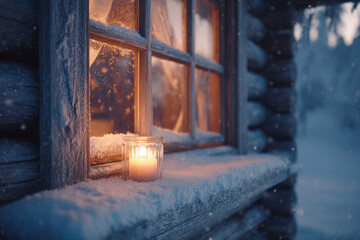Glowing candle on snowy cabin window ledge in winter evening