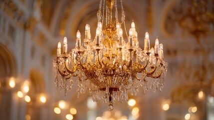 Ornate crystal chandelier, illuminated with warm lights, hangs elegantly in a grand, gilded hall; its intricate design sparkles, showcasing detailed craftsmanship with a blurred background and soft,..