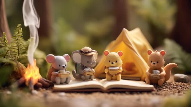 Adorable animal figurines enjoy a camping scene a campfire, tent, and a book in a forest setting