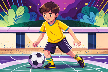 A young male soccer athlete dressed in a yellow jersey captured practicing ball control moves against a clean isolated backdrop, created in premium detailed vector style, ideal for stock