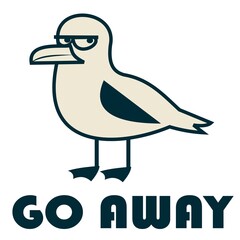 Funny cartoon seagull illustration with grumpy face and text “Go Away”. Minimalist retro flat design, vector style.