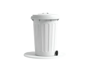 White plastic bin with lid and rolling base, set against black background