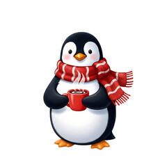 Obraz premium Cute cartoon penguin wearing a red scarf holding a mug of hot chocolate with marshmallows isolated on transparent background