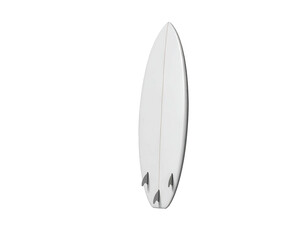 A white surfboard, fin side up, isolated against a black background, angled