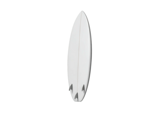 A white surfboard, fin side up, isolated against a black background, angled