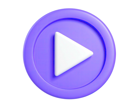 A 3D rendered, purple button with a white play triangle centered