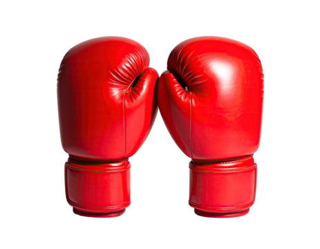 Two vibrant, red boxing gloves, touching at the knuckles, against a transparent backdrop