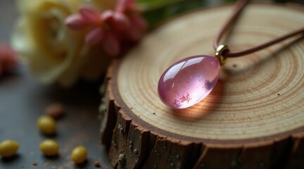 A delicate pink gemstone pendant necklace rests on a rustic wooden slice, adorned with soft-hued flowers in the background
