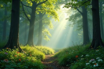 Sunbeams Illuminate a Serene Woodland Path, Adorned with Vibrant Wildflowers and Towering Trees, Creating a Mystical Atmosphere