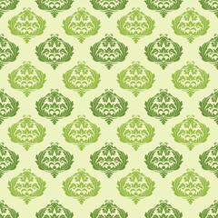 Fototapeta premium Ornate vintage floral design in shades of green on a pale background, repeating symmetrically.