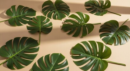 Overhead view of several vibrant green Monstera leaves scattered on a light beige surface, with shadows.