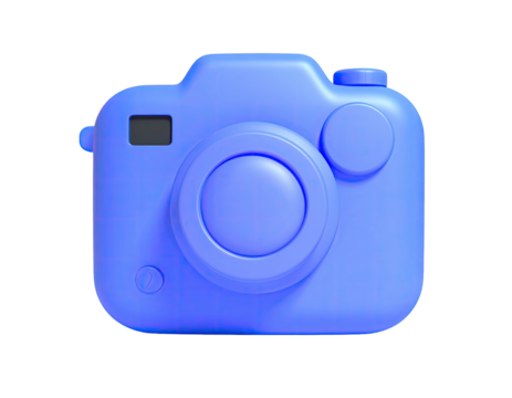 A 3D render of a solid blue camera on a black background