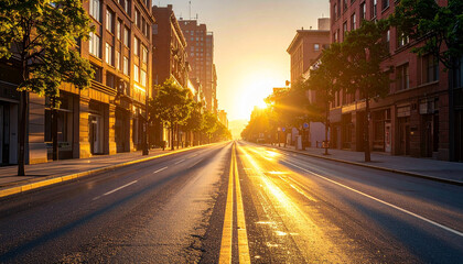 Fototapeta premium Wide-Angle Shot of Empty City Street Early Morning, Soft Golden Light