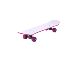 A pink and white skateboard is isolated on a black background, angled view