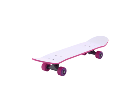 A pink and white skateboard is isolated on a black background, angled view
