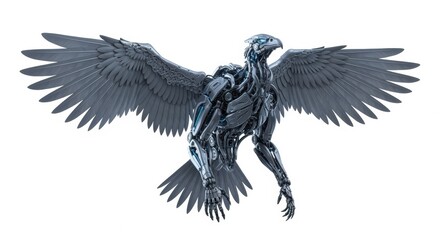 Robotic Eagle with Spread Wings on a White Background