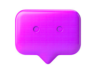 Glossy, purple, 3D-rendered speech bubble with two small circles and a point