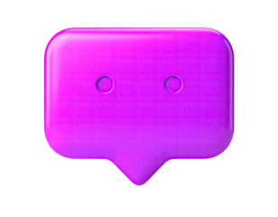 Glossy, purple, 3D-rendered speech bubble with two small circles and a point