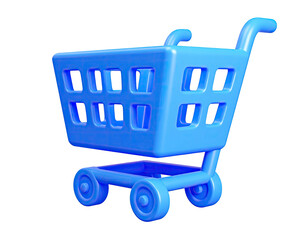 3D render of a bright blue shopping cart, against a stark black backdrop