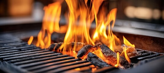 Vibrant Flames Erupting from a Steel Grill, Ideal for Summer Barbecues and Outdoor Cooking Fun