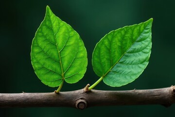 Two vibrant green leaves sprout from a woody stem, showcasing nature's delicate beauty and the promise of new growth.