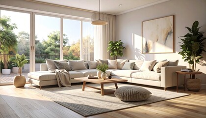 Bright living room, large tan sofa