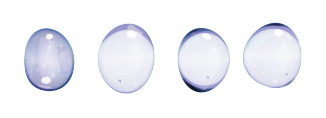 Set of bubbles. 3D Soap light violet bubbles on transparent background. Soap transparent balloon. 3D Rendering. Render of transparent glass round liquid object, soap water bubble with reflection. PNG