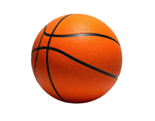 A detailed, isolated basketball, vibrant orange with black seam lines, on black