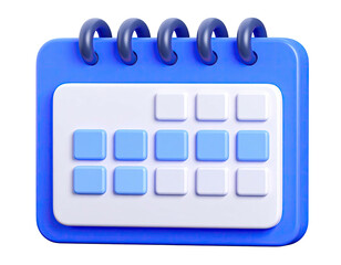A 3D render of a blue and white calendar with some dates highlighted