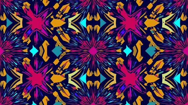 Repeated artistic pattern with symmetrical shapes in shades of blue pink yellow and magenta against