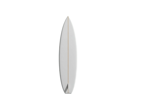 A vertical, white surfboard with fin, centrally positioned against a black background